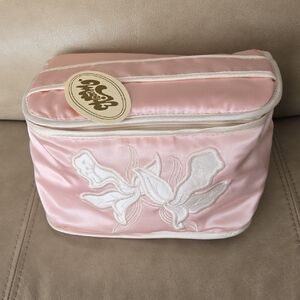 Chic Pale Pink Satin Cosmetic Bag with  With Floral Applique Made In  Canada
